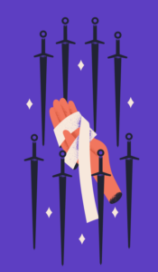Eight of Swords tarot card depicting a figure surrounded by swords