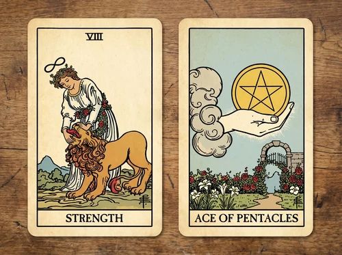 Strength and Ace of Pentacles Tarot card combination