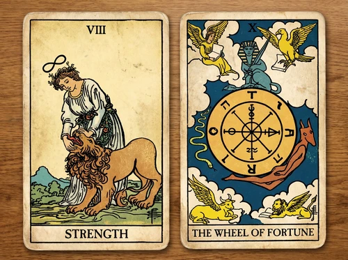 Strength and The Wheel of Fortune Tarot card combination