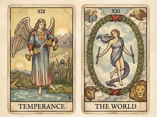 La combinación de las cartas del Tarot «La Templanza» y «El Mundo»