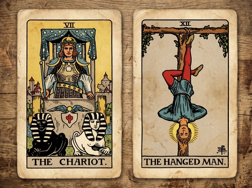 La combinación de las cartas del Tarot «El Carro» y «El Colgado»