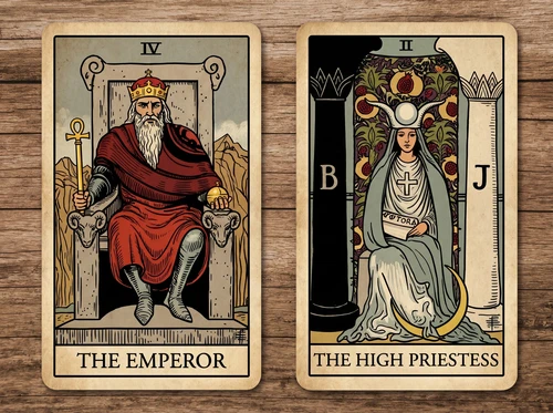 Die Tarotkartenkombination „Der Kaiser“ und „Die Hohepriesterin“