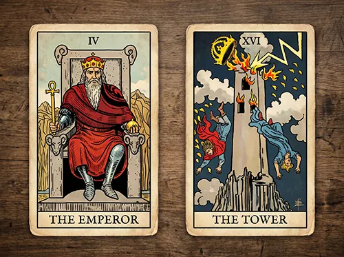 Die Kartenkombination „Der Kaiser“ und „Der Turm“
