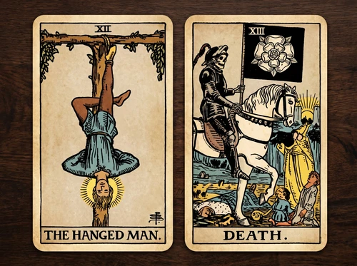 La combinación de las cartas del Tarot «El Colgado» y «La Muerte»