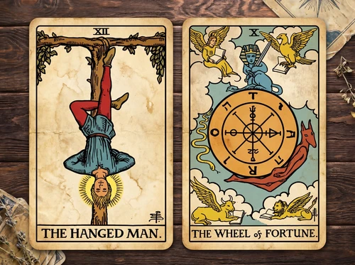 La combinación de cartas del Tarot «El Colgado» y «La Rueda de la Fortuna»