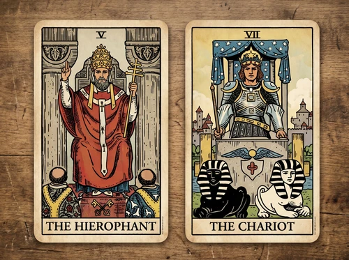 Die Tarotkartenkombination „Der Hierophant“ und „Der Streitwagen“