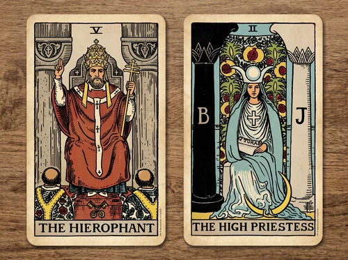 Die Tarotkartenkombination „Der Hierophant“ und „Die Hohepriesterin“