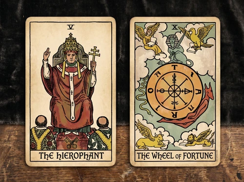 Die Tarot-Kartenkombination „Der Hierophant“ und „Das Glücksrad“