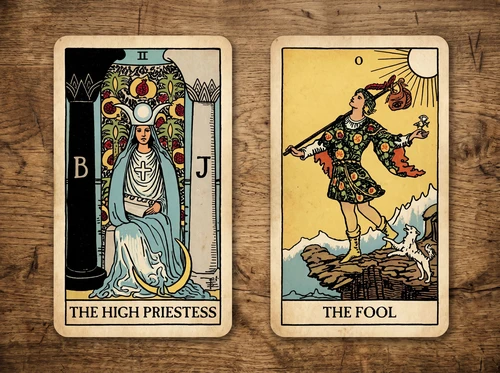 Die Kombination der Tarotkarten „Die Hohepriesterin“ und „Der Narr“