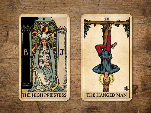 Die Tarotkartenkombination „Die Hohepriesterin“ und „Der Gehängte“