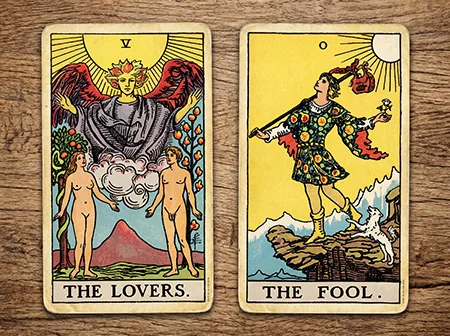 The Lovers and The Fool Tarot cards