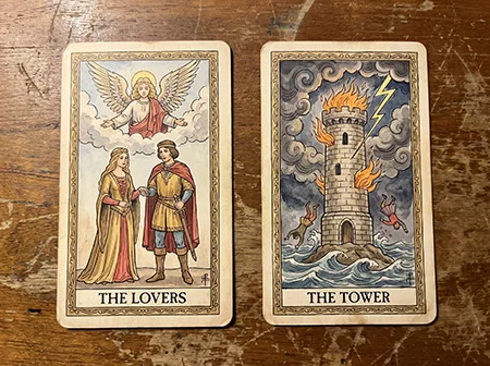 The Lovers and The Tower Tarot cards