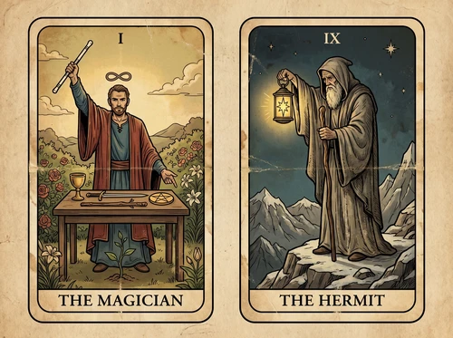 Die Tarotkartenkombination „Der Magier“ und „Der Eremit“