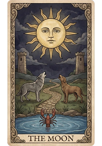 Die Mond-Tarotkarte mit Hunden im Hintergrund