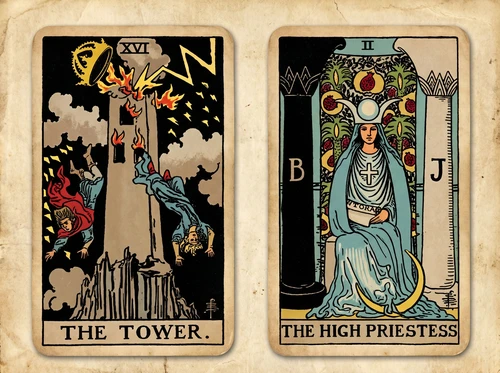 Die Kombination der Tarotkarten „Der Turm“ und „Die Hohepriesterin“