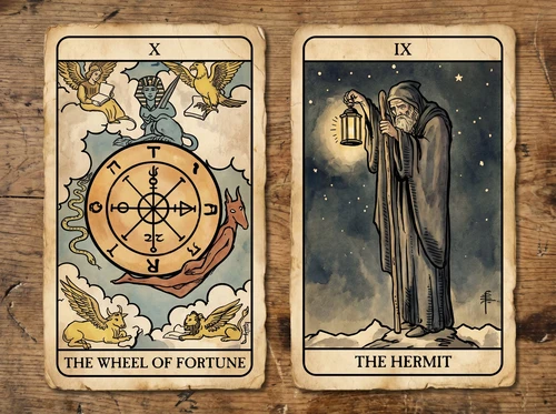 Die Tarotkartenkombination „Das Glücksrad“ und „Der Eremit“