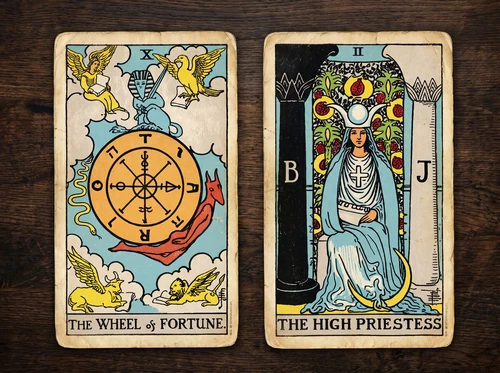 Die Tarotkartenkombination „Das Glücksrad“ und „Die Hohepriesterin“