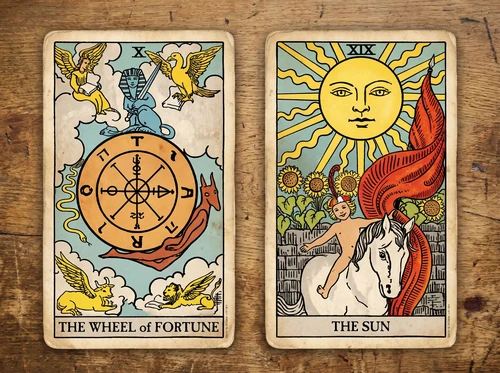 Die Kombination der Tarotkarten „Das Glücksrad“ und „Die Sonne“