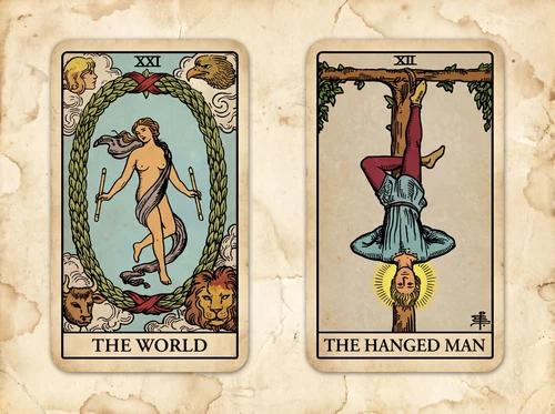 Die Kombination der Tarotkarten „Die Welt“ und „Der Gehängte“