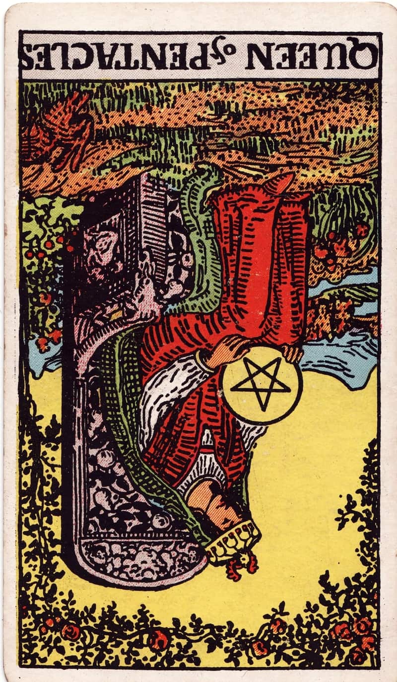 Queen of Pentacles reversed tarot card
