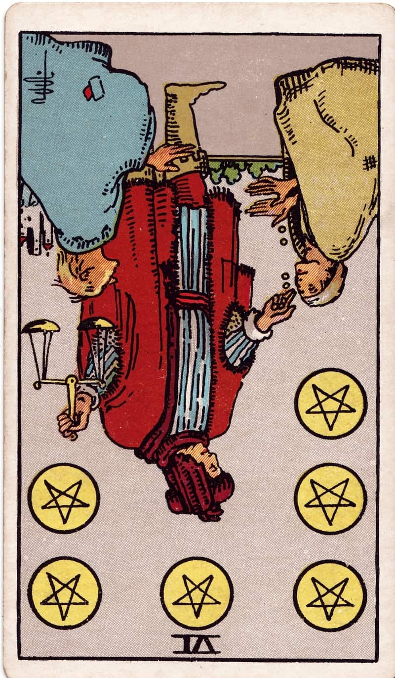Six of Pentacles reversed tarot card