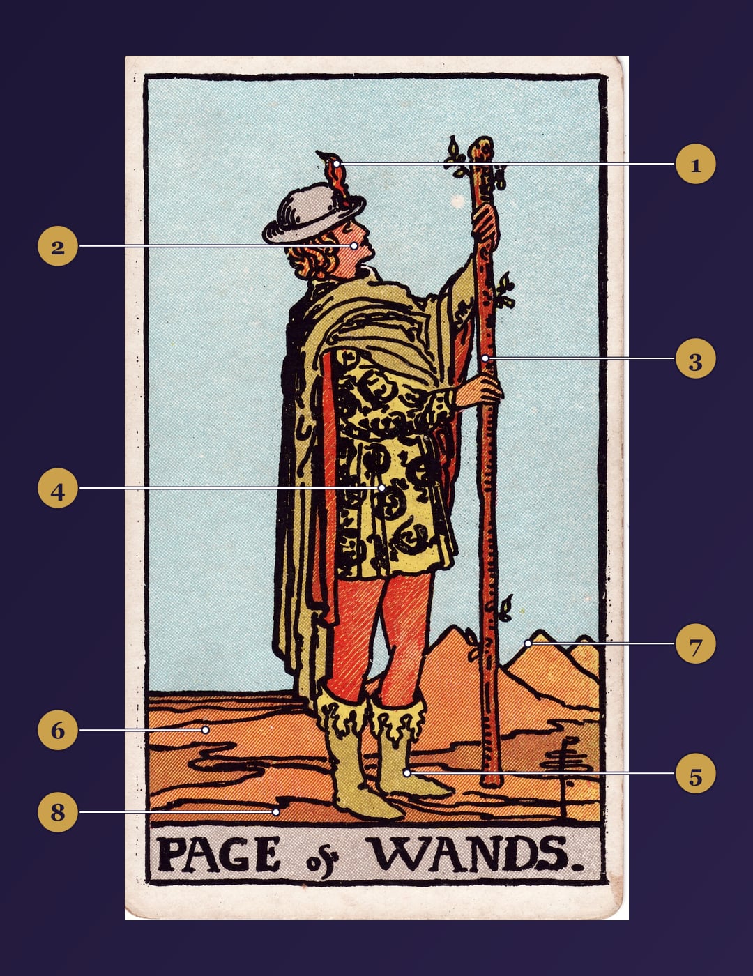 Page of Wands tarot card symbolism map with numbered markers