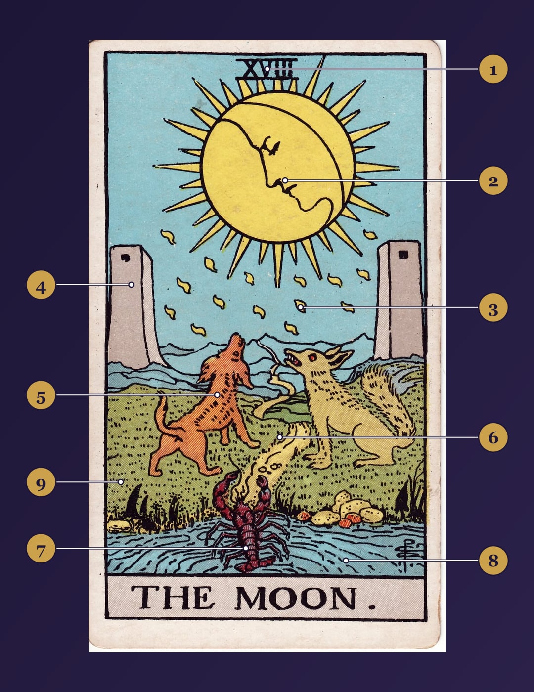The Moon tarot card symbolism map with numbered markers